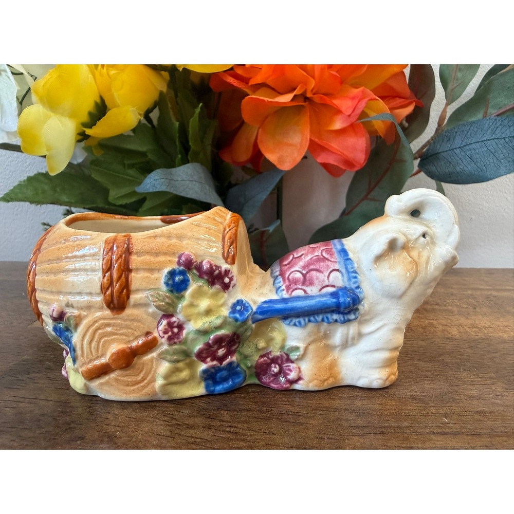 Vintage Occupied Japan Elephant Cart Planter‎ Floral Ceramic Figural Decor Retro